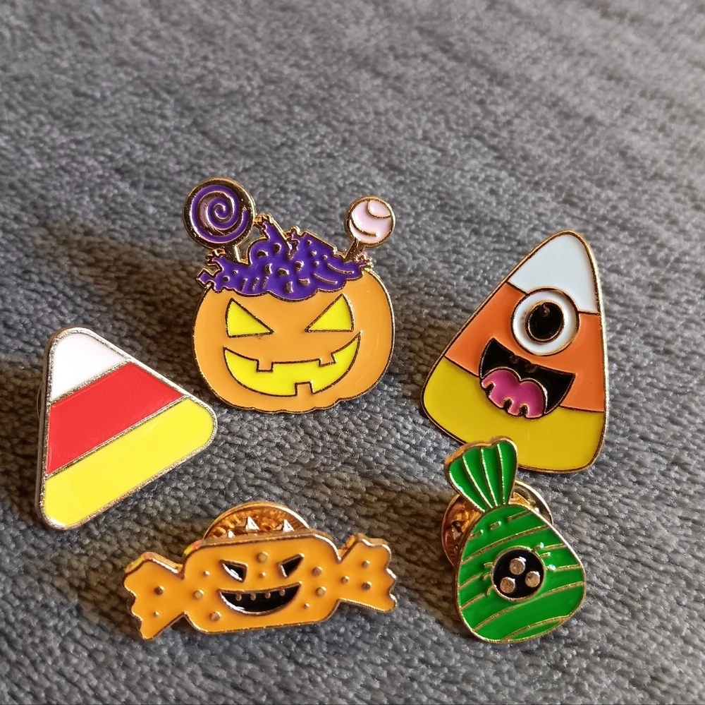 Cute Happy Halloween Candy Pin Bundle Lot Of 5, Pumpkin Corn Fall Brooches